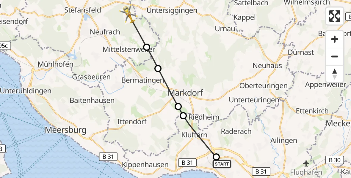 Flugroute Rettungshubschrauber Friedrichshafen Hospital - Salem, 05 Mai 2026, 11:29