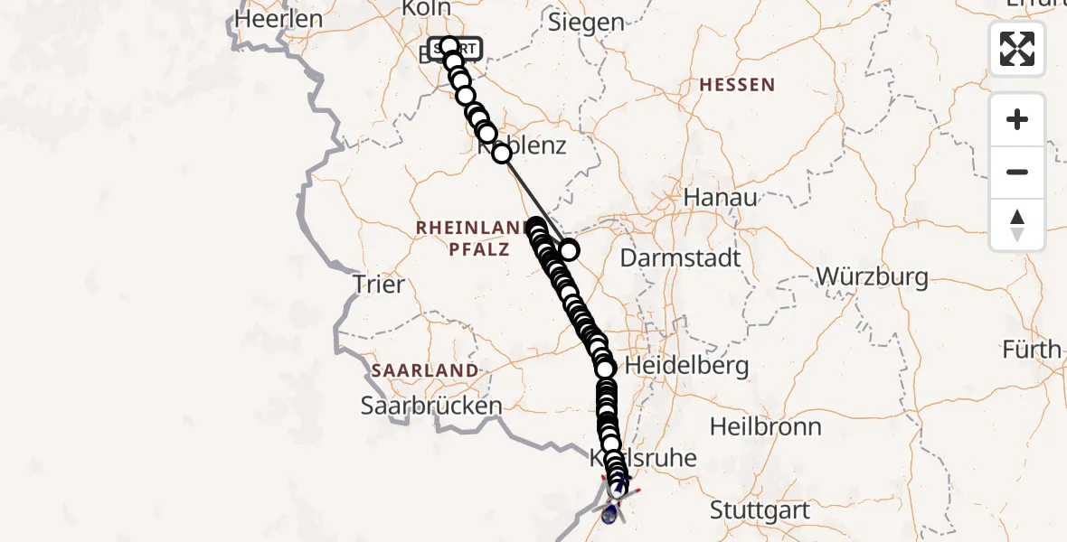 Flugroute Polizeihubschrauber Sankt Augustin - Rastatt, 05 Mai 2026, 11:30
