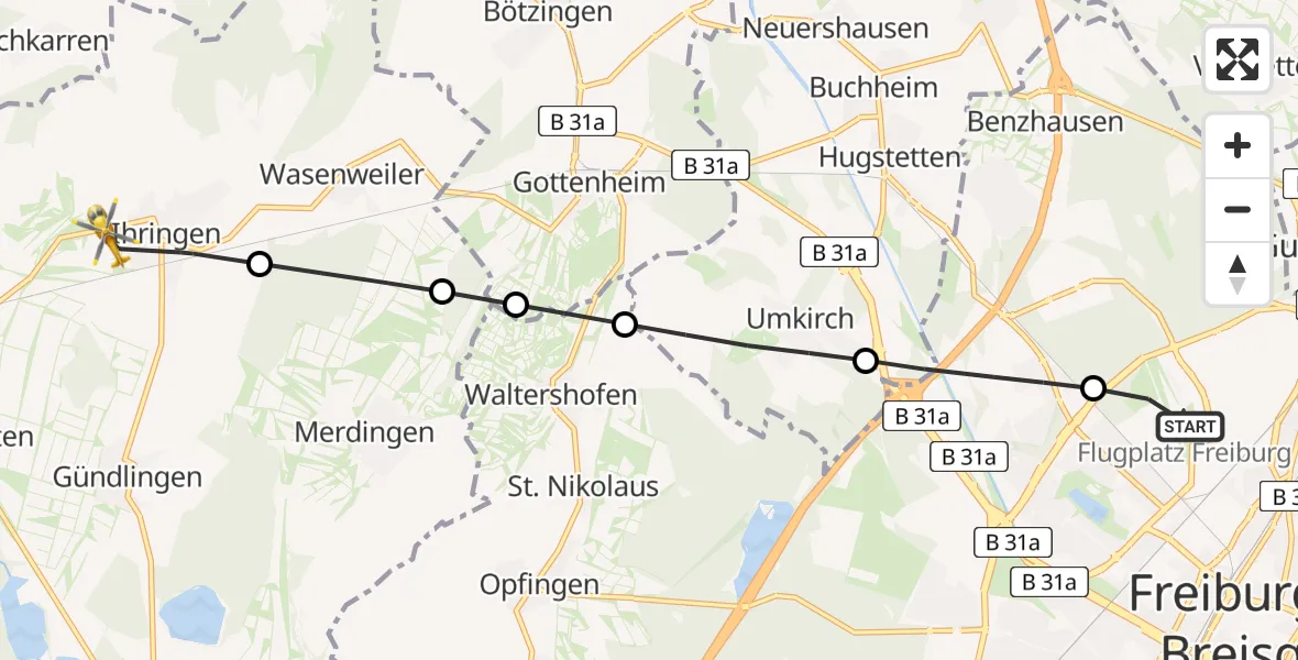 Flugroute Rettungshubschrauber Freiburg im Breisgau Flugplatz - Ihringen, 05 Mai 2026, 11:34