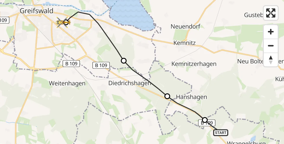 Flugroute Rettungshubschrauber Wrangelsburg - Greifswald Hospital, 05 Mai 2026, 11:43