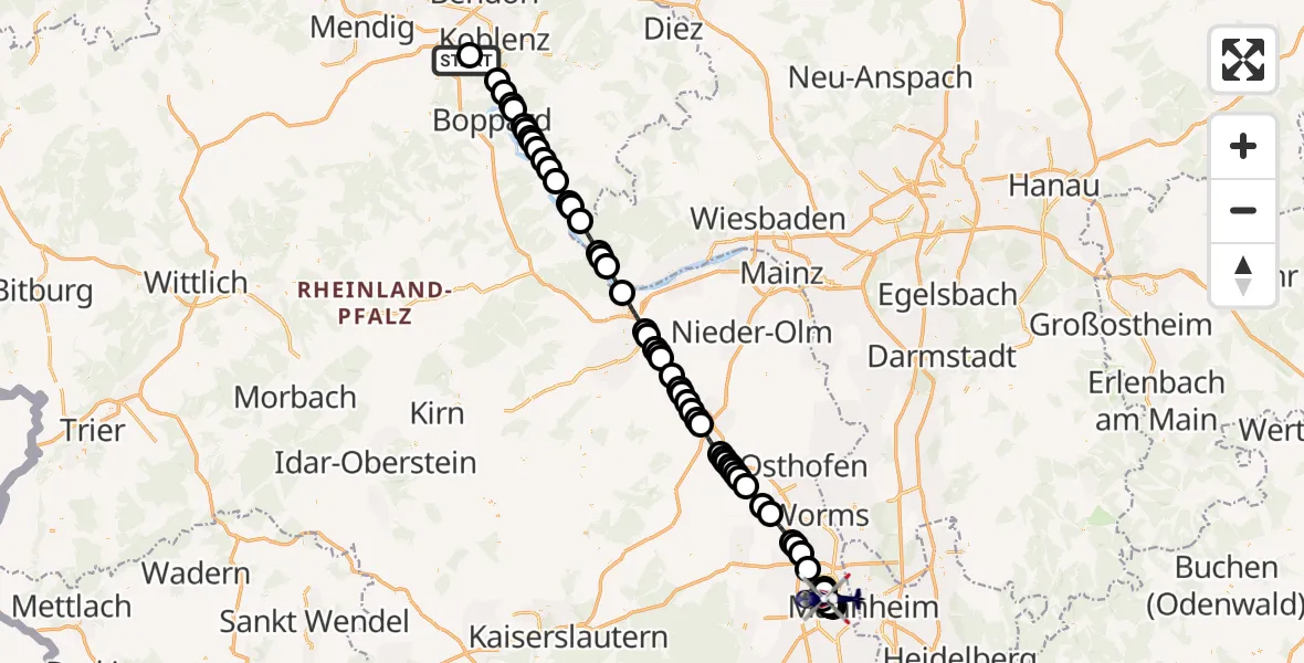 Flugroute Polizeihubschrauber Koblenz-Winningen Flugplatz - Ludwigshafen am Rhein, 05 Mai 2026, 11:44