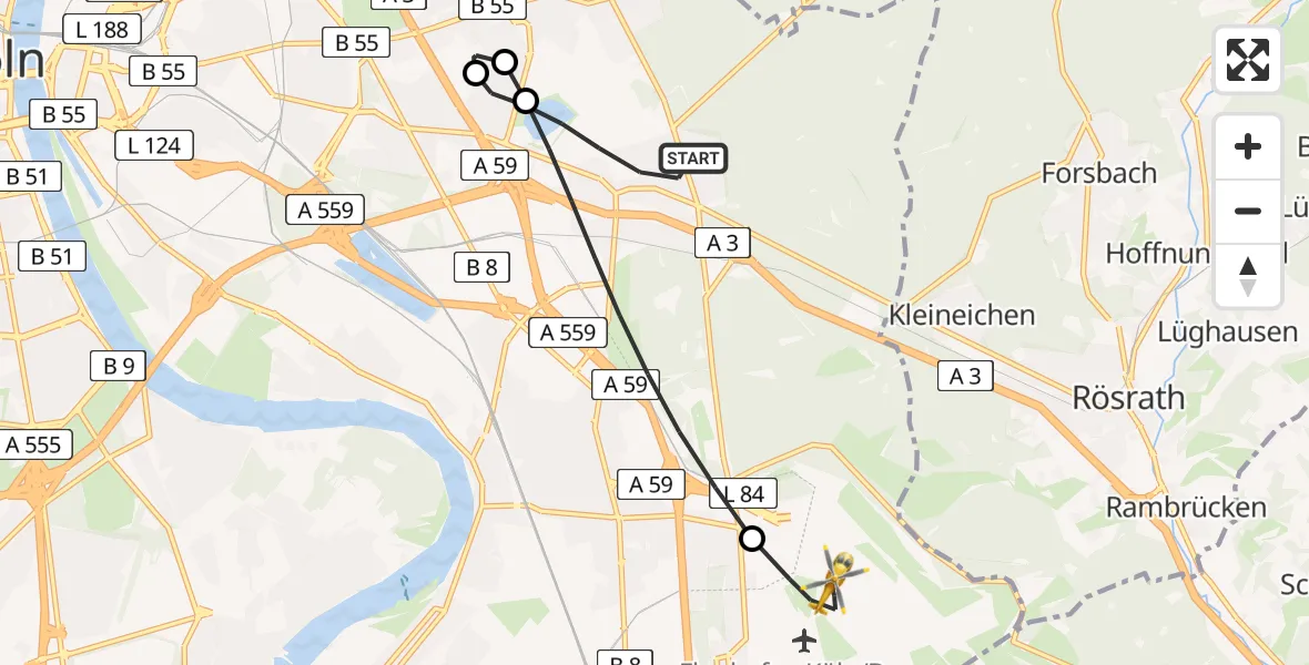 Flugroute Rettungshubschrauber Köln - Köln Bonn Flughafen, 05 Mai 2026, 11:51