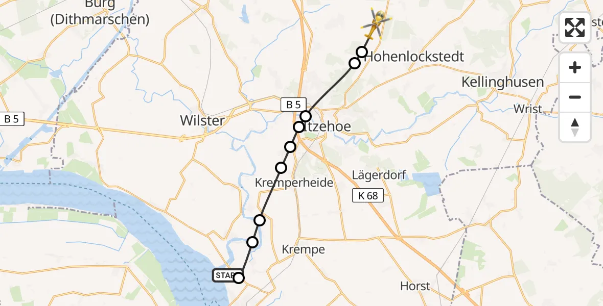 Flugroute Rettungshubschrauber Blomesche Wildnis - Hohenlockstedt, 05 Mai 2026, 12:00