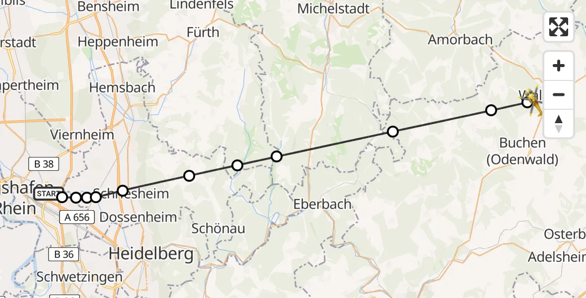 Flugroute Rettungshubschrauber Mannheim-City Flughafen - Walldürn, 05 Mai 2026, 12:00