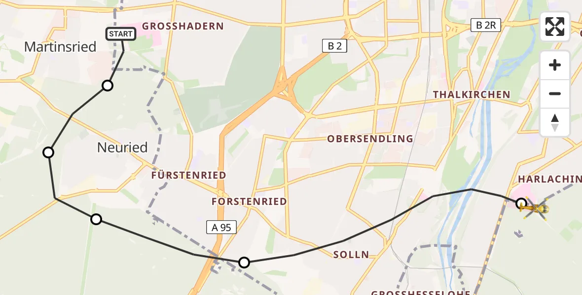 Flugroute Rettungshubschrauber DRF Air Rescue München Hubschrauberlandeplatz - ADAC Air Rescue Center Hubschrauberlandeplatz (Christoph 1), 05 Mai 2026, 12:04
