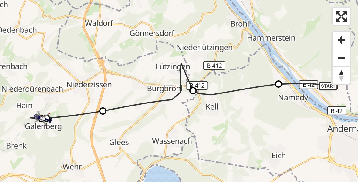 Flugroute Polizeihubschrauber Leutesdorf - Oberzissen, 05 Mai 2026, 12:05