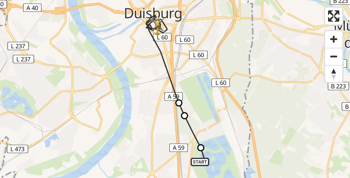 Flugroute Rettungshubschrauber Duisburg Air Rescue Hubschrauberlandeplatz (Christoph 9) - Duisburg, 05 Mai 2026, 12:07
