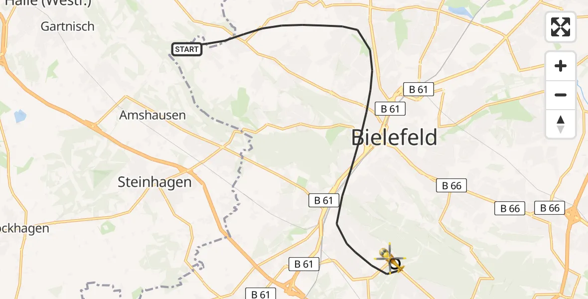 Flugroute Rettungshubschrauber Bielefeld - Luftrettungszentrum Bielefeld, 05 Mai 2026, 12:12