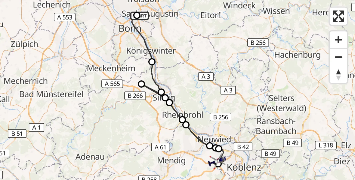 Flugroute Polizeihubschrauber Sankt Augustin - Mülheim-Kärlich, 05 Mai 2026, 12:13