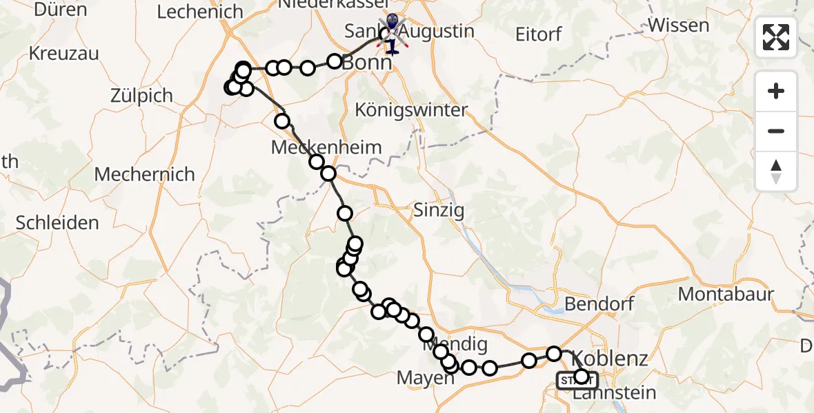 Flugroute Polizeihubschrauber Koblenz-Winningen Flugplatz - Sankt Augustin, 05 Mai 2026, 12:26