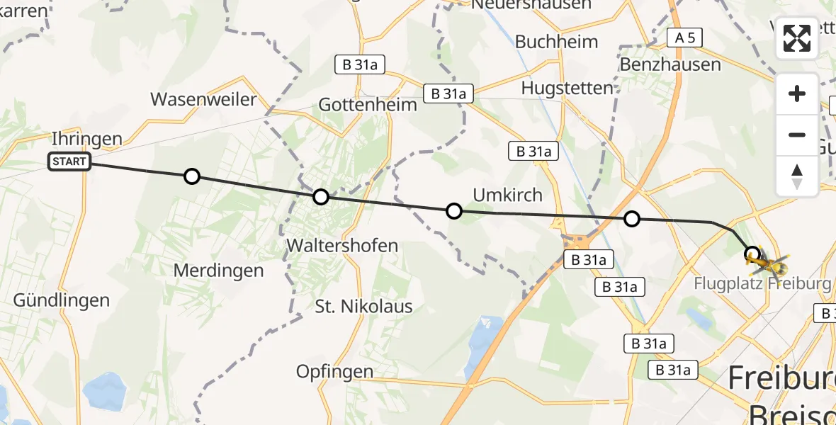 Flugroute Rettungshubschrauber Ihringen - Freiburg im Breisgau Flugplatz, 05 Mai 2026, 12:27