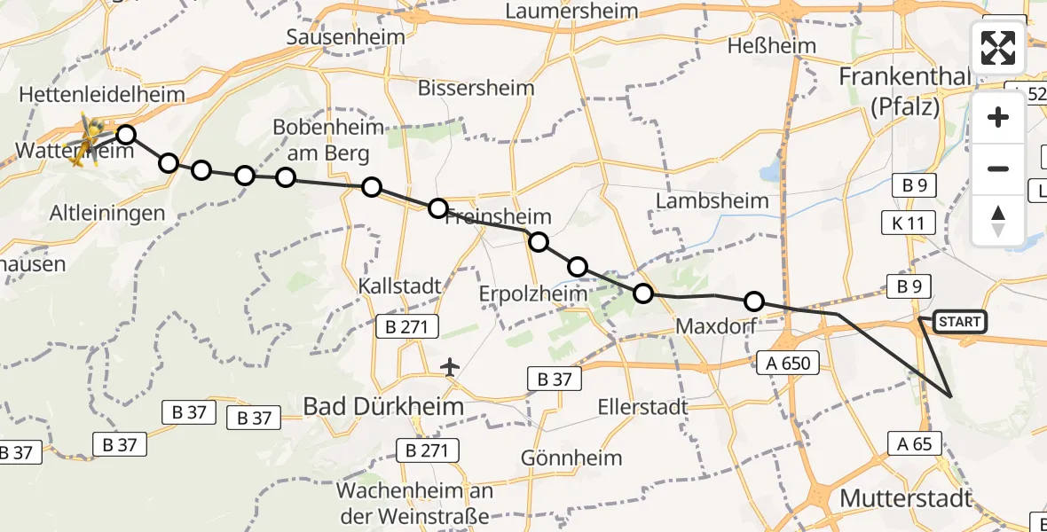 Flugroute Rettungshubschrauber Ludwigshafen am Rhein - Wattenheim, 05 Mai 2026, 12:42