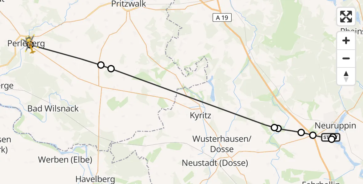 Flugroute Rettungshubschrauber Rupin Hospital - Perleberg, 05 Mai 2026, 12:46