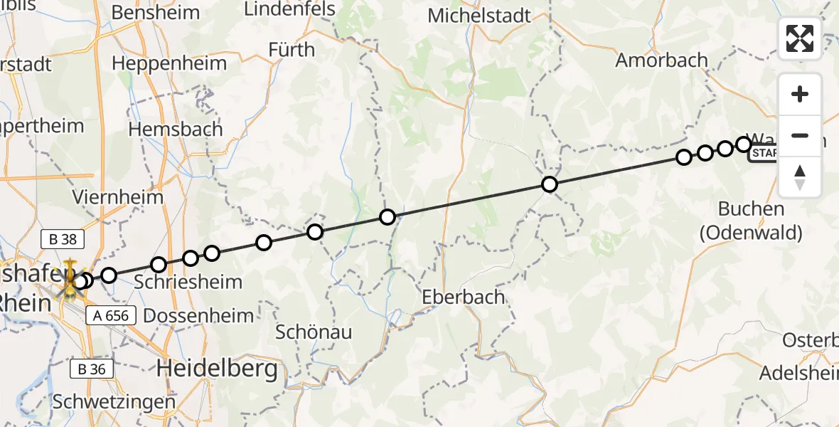 Flugroute Rettungshubschrauber Walldürn - Mannheim-City Flughafen, 05 Mai 2026, 12:48