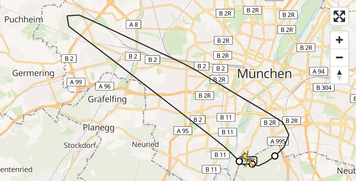 Flugroute Rettungshubschrauber ADAC Air Rescue Center Hubschrauberlandeplatz (Christoph 1) - ADAC Air Rescue Center Hubschrauberlandeplatz (Christoph 1), 05 Mai 2026, 12:54