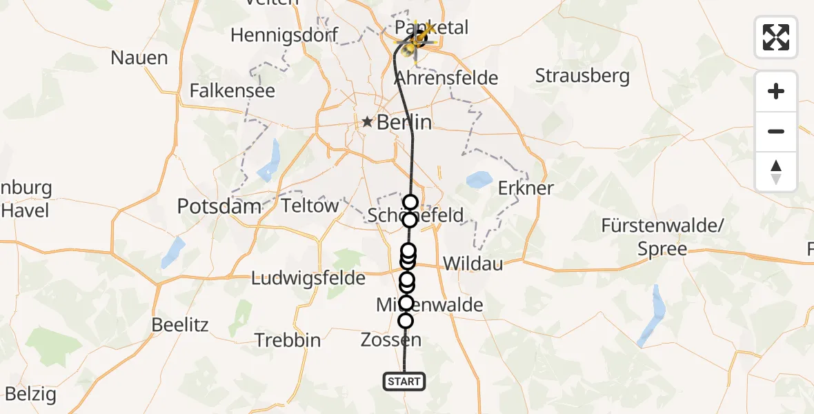 Flugroute Rettungshubschrauber Zossen - Helios Clinic Berlin-Buch, 05 Mai 2026, 12:54