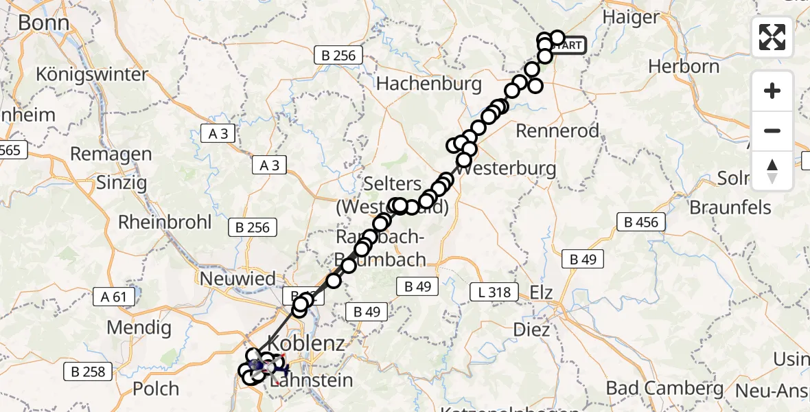 Flugroute Polizeihubschrauber Siegerland Flughafen - Koblenz-Winningen Flugplatz, 05 Mai 2026, 12:58