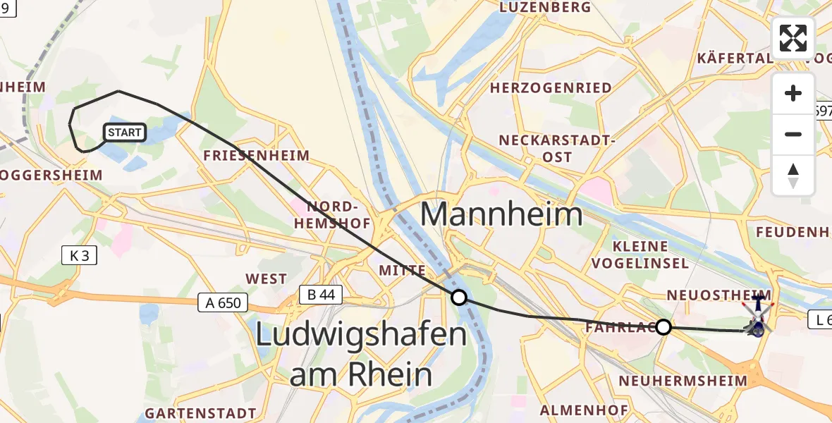 Flugroute Polizeihubschrauber Ludwigshafen am Rhein - Mannheim-City Flughafen, 05 Mai 2026, 13:04