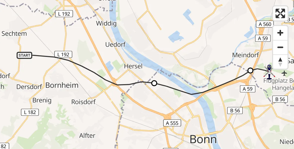 Flugroute Polizeihubschrauber Bornheim - Sankt Augustin, 05 Mai 2026, 13:17