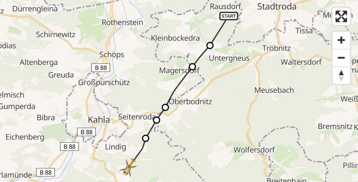 Flugroute Rettungshubschrauber Rausdorf - Hummelshain, 05 Mai 2026, 13:20