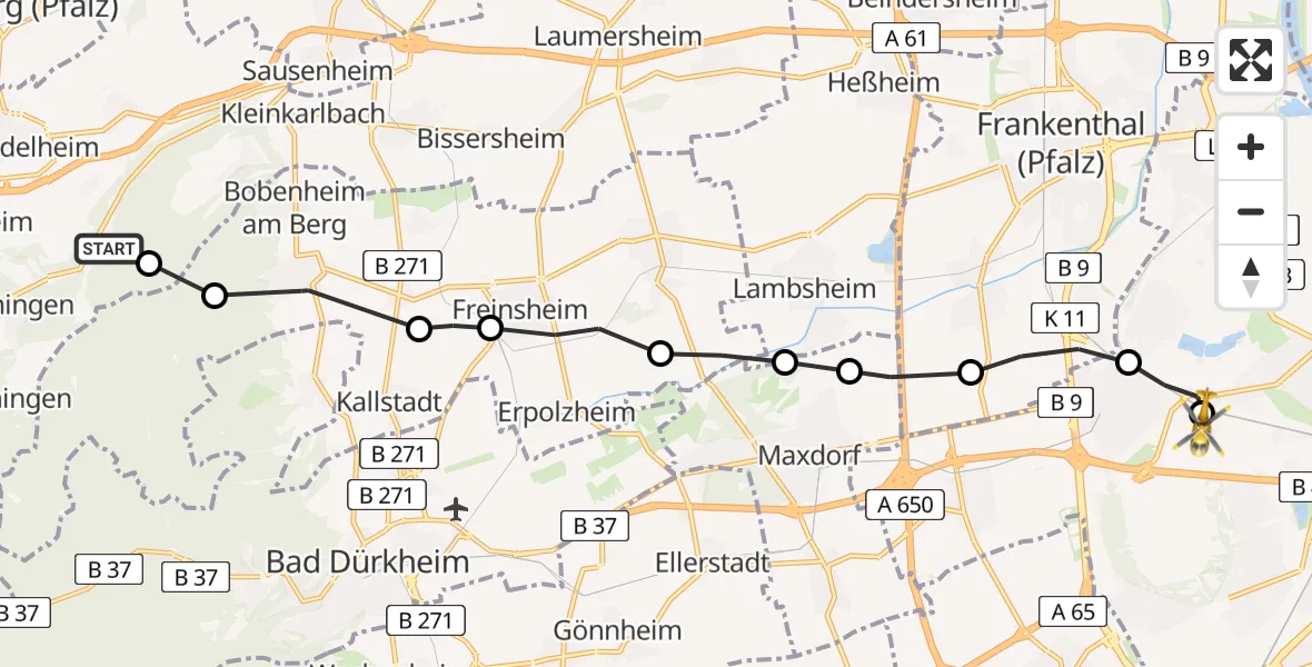 Flugroute Rettungshubschrauber Altleiningen - Ludwigshafen Accident Hospital, 05 Mai 2026, 13:21