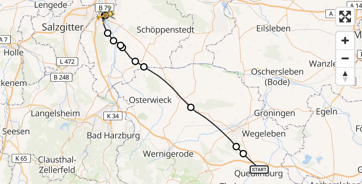 Flugroute Rettungshubschrauber Quedlinburg - Wolfenbüttel Municipal Hospital Heliport (Christoph 30), 05 Mai 2026, 13:33