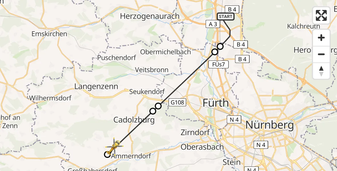 Flugroute Rettungshubschrauber Erlangen - Cadolzburg, 05 Mai 2026, 13:33