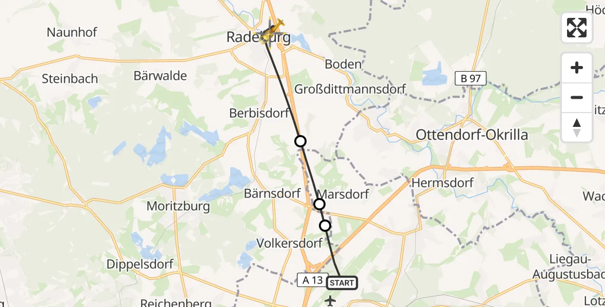 Flugroute Rettungshubschrauber Dresden Flughafen - Radeburg, 05 Mai 2026, 13:40