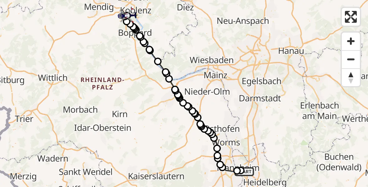 Flugroute Polizeihubschrauber Mannheim-City Flughafen - Koblenz-Winningen Flugplatz, 05 Mai 2026, 13:42