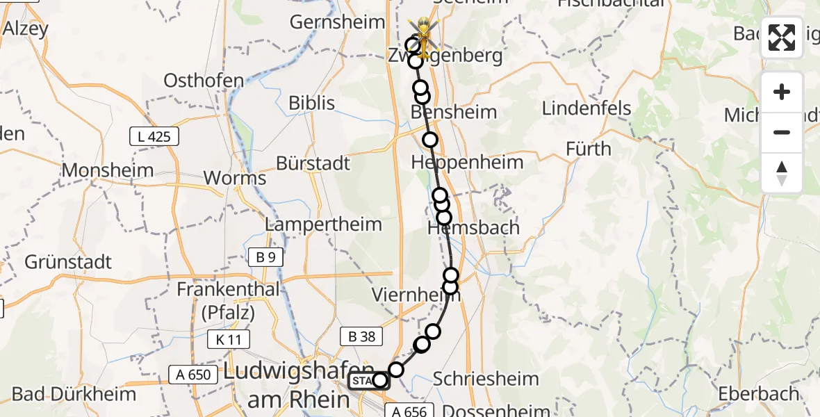 Flugroute Rettungshubschrauber Mannheim-City Flughafen - Alsbach-Hähnlein, 05 Mai 2026, 13:54