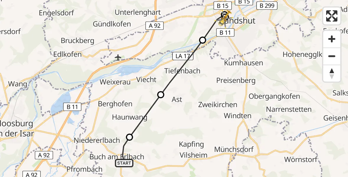 Flugroute Rettungshubschrauber Buch a.Erlbach - Landshut Hospital, 05 Mai 2026, 13:55
