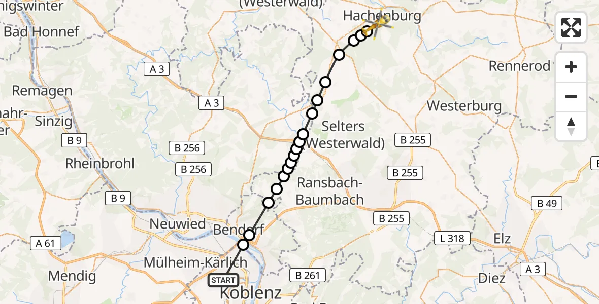 Flugroute Rettungshubschrauber Koblenz - Hachenburg, 05 Mai 2026, 14:03