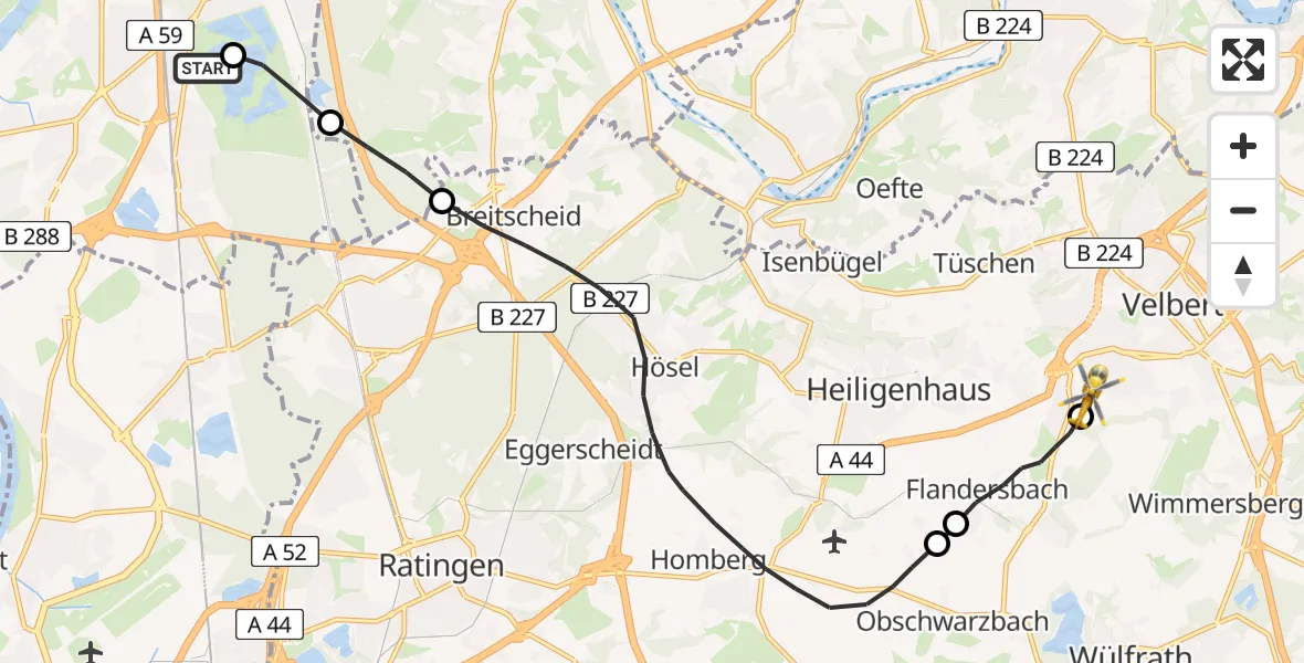 Flugroute Rettungshubschrauber Duisburg Air Rescue Hubschrauberlandeplatz (Christoph 9) - Velbert, 05 Mai 2026, 14:04