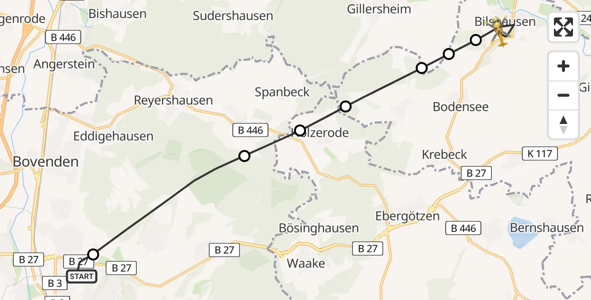 Flugroute Rettungshubschrauber Göttingen University Clinic Hubschrauberlandeplatz - Bilshausen, 05 Mai 2026, 14:05