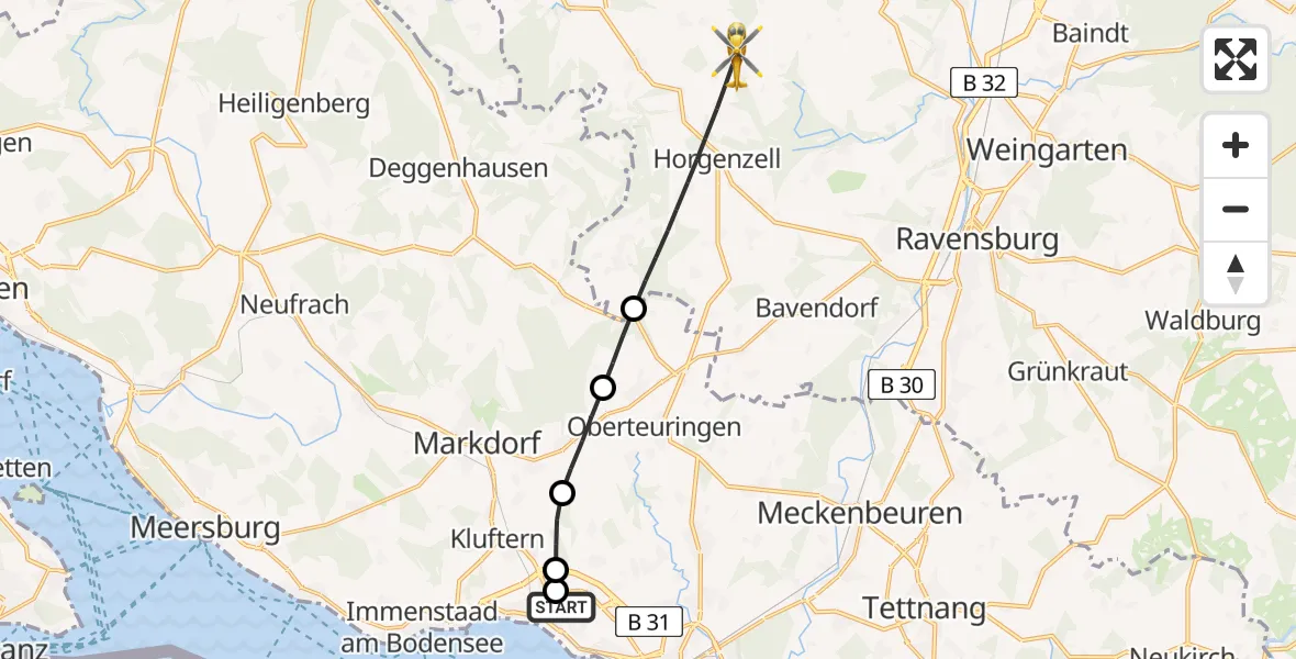 Flugroute Rettungshubschrauber Friedrichshafen Hospital - Horgenzell, 05 Mai 2026, 14:14