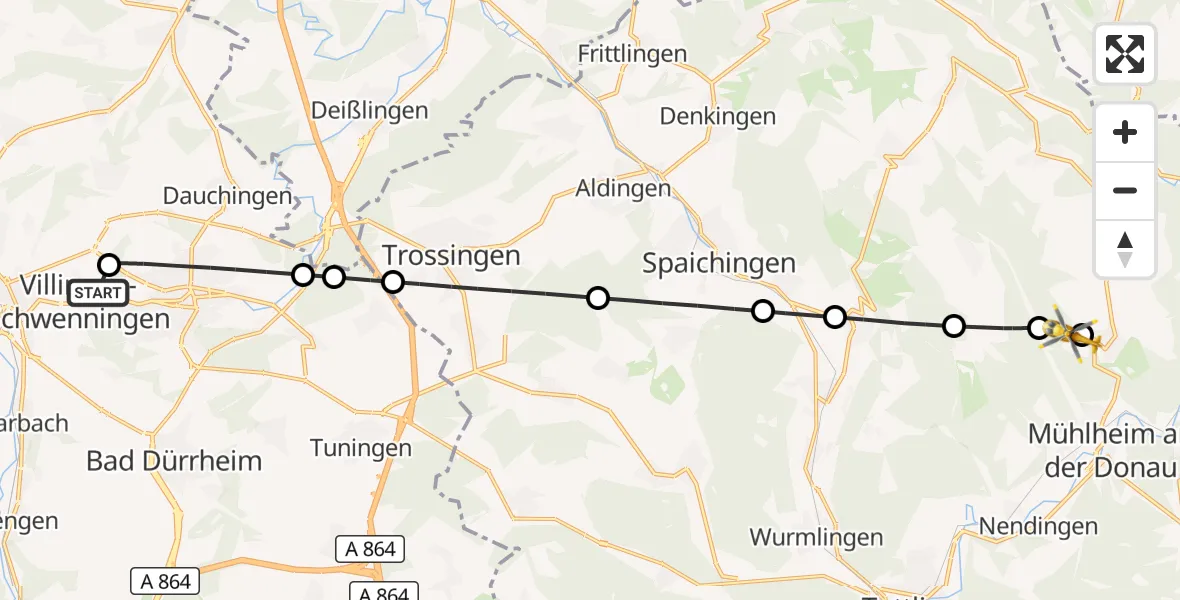 Flugroute Ambulanzhubschrauber DRF Air Rescue Station Villingen-Schwenningen Hubschrauberlandeplatz (Christoph 11) - Kolbingen, 05 Mai 2026, 14:18