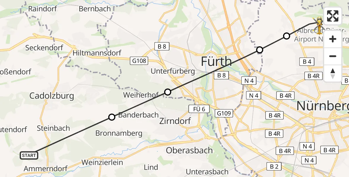 Flugroute Rettungshubschrauber Cadolzburg - Flughafen Nuremberg, 05 Mai 2026, 14:20