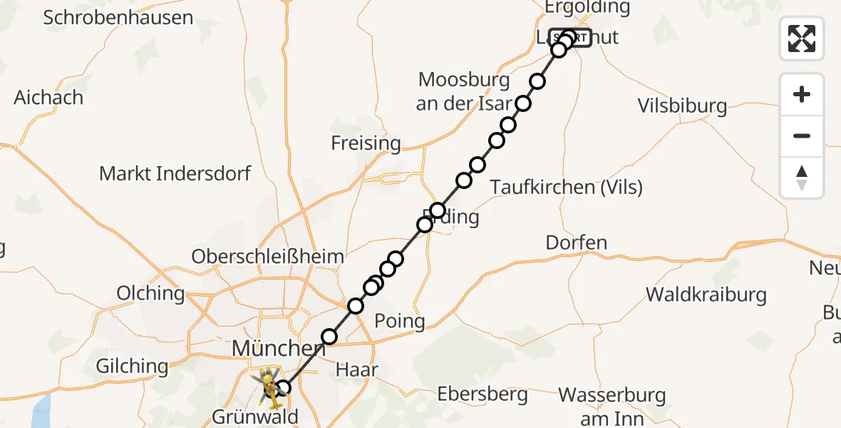 Flugroute Rettungshubschrauber Landshut Hospital - ADAC Air Rescue Center Hubschrauberlandeplatz (Christoph 1), 05 Mai 2026, 14:27
