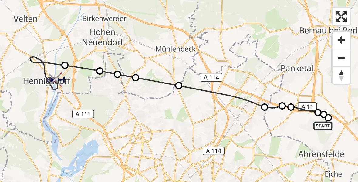 Flugroute Polizeihubschrauber Ahrensfelde Hubschrauberlandeplatz - Hennigsdorf, 05 Mai 2026, 14:28