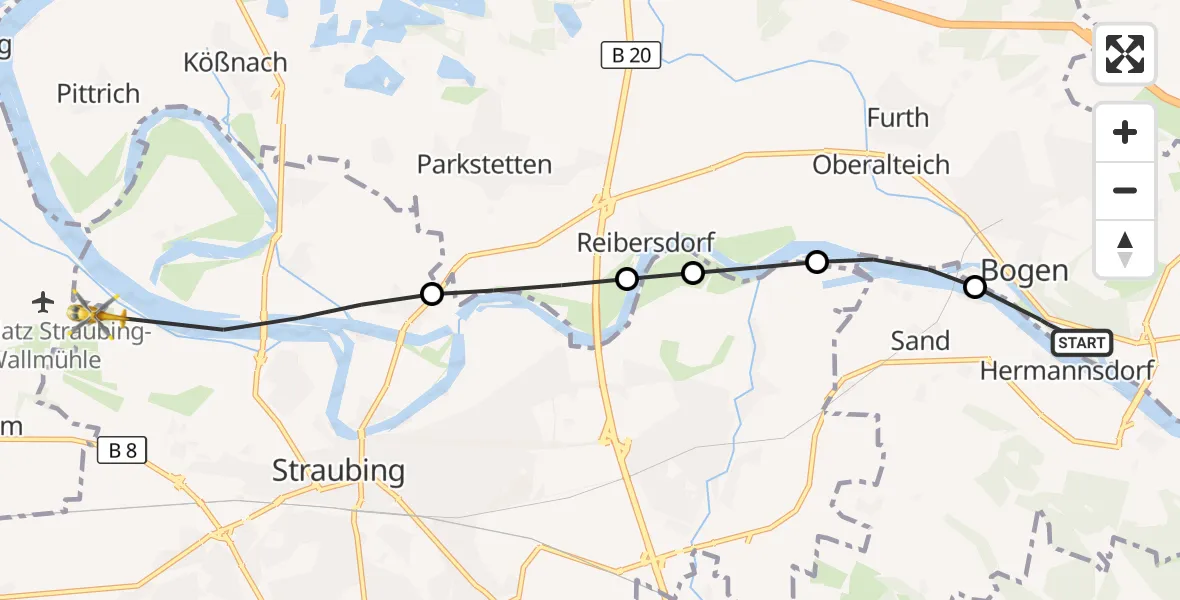 Flugroute Rettungshubschrauber Bogen - Straubing, 05 Mai 2026, 14:30