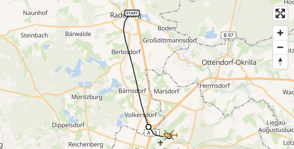 Flugroute Rettungshubschrauber Radeburg - Dresden Bundespolizei Hubschrauberlandeplatz, 05 Mai 2026, 14:33
