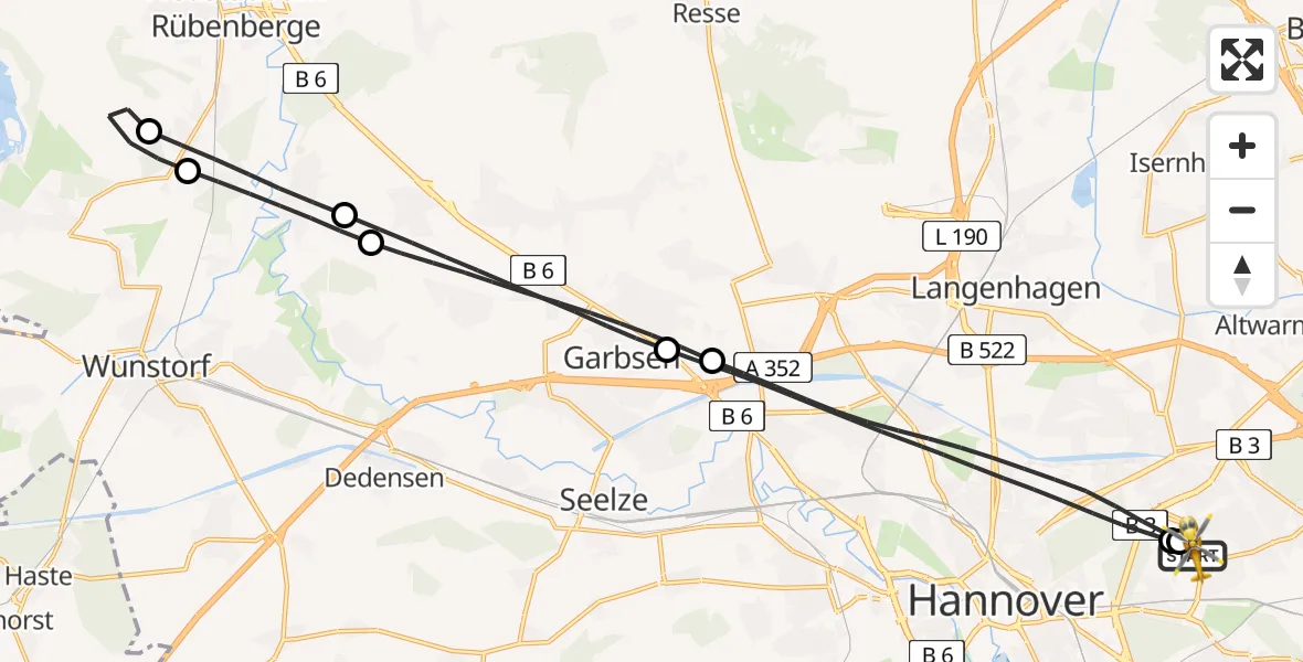 Flugroute Rettungshubschrauber Hannover Luftrettung Hubschrauberlandeplatz (Christoph 4) - Hannover Luftrettung Hubschrauberlandeplatz (Christoph 4), 05 Mai 2026, 14:35