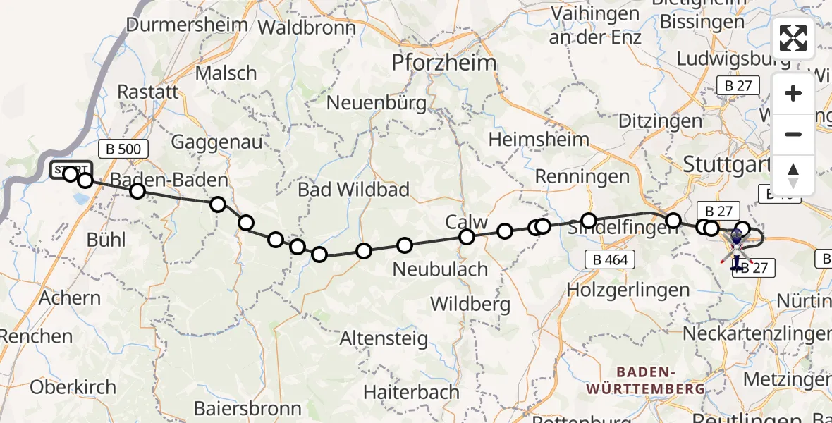 Flugroute Polizeihubschrauber Karlsruhe Baden-Baden Flughafen - Flughafen Stuttgart, 05 Mai 2026, 14:36