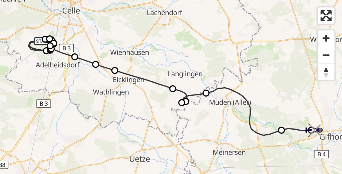 Flugroute Polizeihubschrauber Celle Army Flugplatz - Gifhorn Bundespolizei Hubschrauberlandeplatz, 05 Mai 2026, 14:41