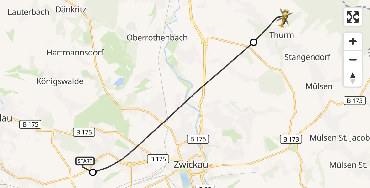 Flugroute Rettungshubschrauber ADAC Air Rescue Station Zwickau Hubschrauberlandeplatz - Mülsen, 05 Mai 2026, 14:41