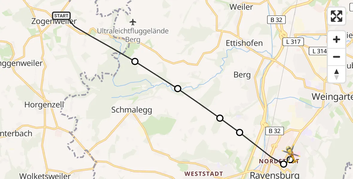 Flugroute Rettungshubschrauber Horgenzell - Sankt Elisabeth Hospital, 05 Mai 2026, 14:46