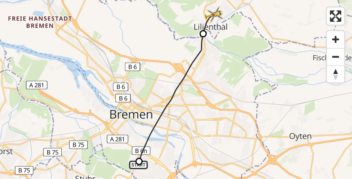 Flugroute Rettungshubschrauber ADAC Air Rescue Station Bremen Hubschrauberlandeplatz (Christoph 6) - Lilienthal, 05 Mai 2026, 14:47