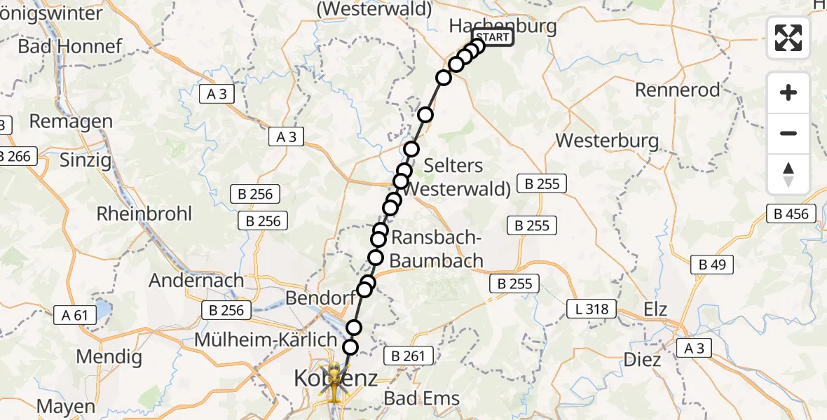 Flugroute Rettungshubschrauber Hachenburg - Koblenz, 05 Mai 2026, 14:47