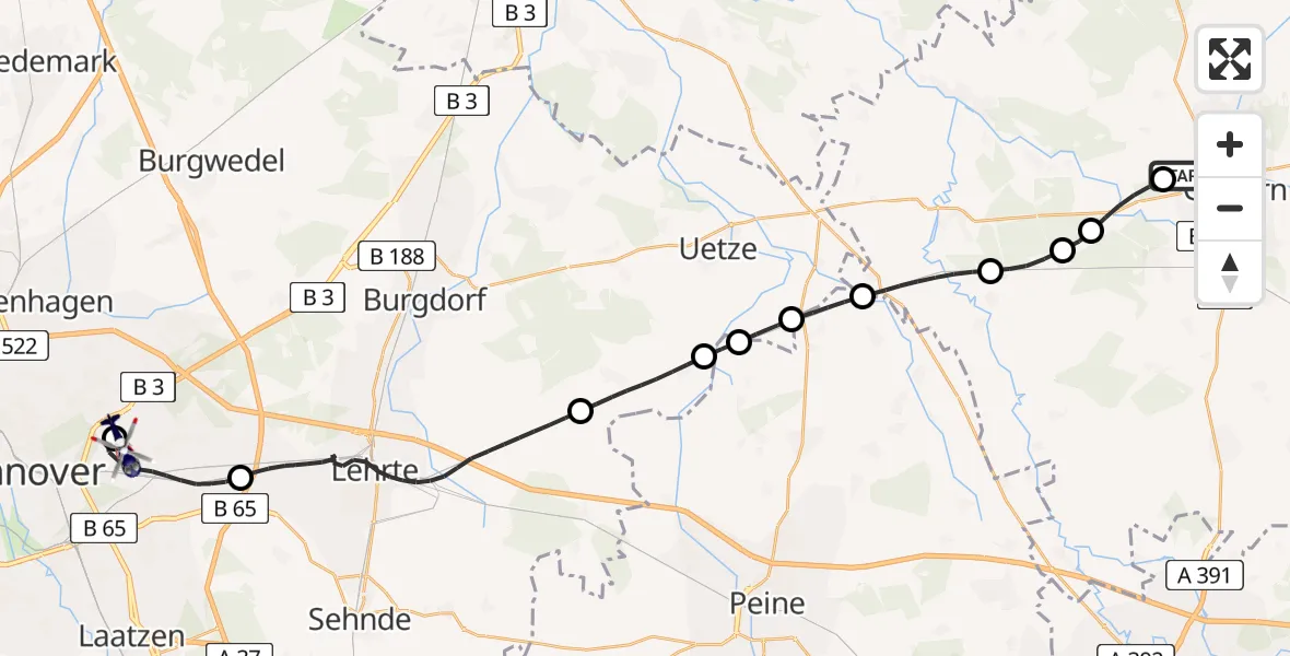 Flugroute Polizeihubschrauber Gifhorn Bundespolizei Hubschrauberlandeplatz - Hannover Luftrettung Hubschrauberlandeplatz (Christoph 4), 05 Mai 2026, 14:49