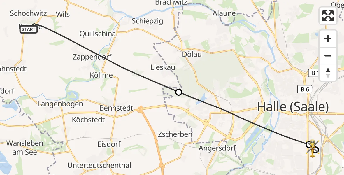 Flugroute Rettungshubschrauber Salzatal - BG Hospital Bergmannstrost Halle, 05 Mai 2026, 15:00